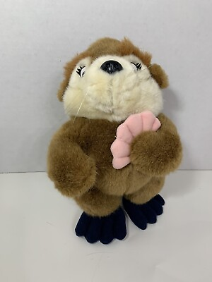 #ad SeaWorld plush otter brown tan plush eyelashes pink clam shell standing toy $4.74