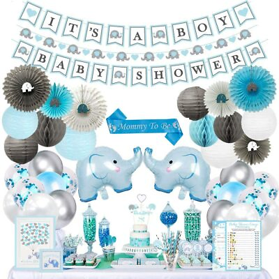 #ad 253 Piece Blue Elephant Baby Shower Decorations Boy Strung Banners Games $50.00