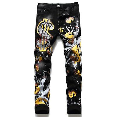#ad Men#x27;s Black Straight Leg Gold Dollars Printed Punk Hip Hop Trousers Jeans Pants $41.39