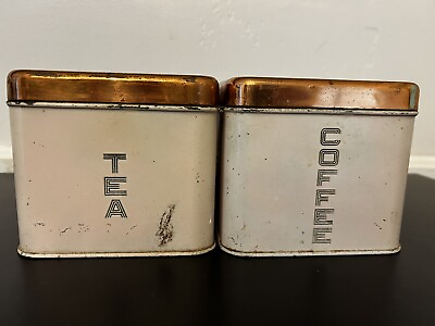 #ad Vintage Lincoln Beautyware Pink Tin Canisters Tea amp; Coffee 1950#x27;s Copper Lids $52.00
