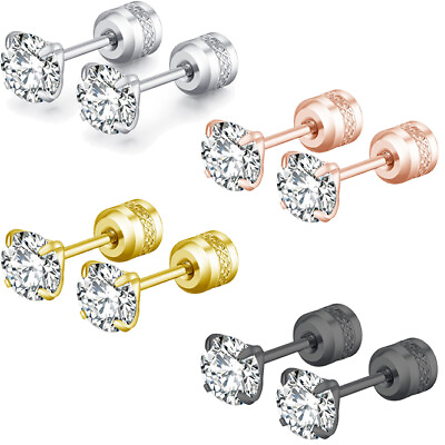 #ad 2PCS Silver Stainless Steel Round CZ Earrings Screw Back Ear Stud for Men Women $2.09