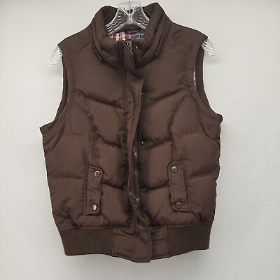 #ad Maurices Women#x27;s Vest Brown Medium Full Zip Puffer Flannel Lined Sleeveless $20.68
