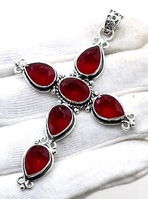 #ad 925 Sterling Silver Red Emerald Gemstone Handmade Jewelry Cross Pendant Size 3quot; $16.99