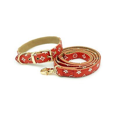#ad Red Collar Leash kit PU Leather Designer monogram Dog Collar Gold hardware $28.00