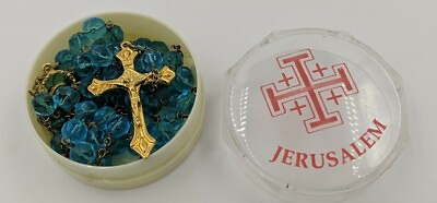 #ad Catholic Deep light Blue aqua Jerusalem Crystal Rosary $14.90