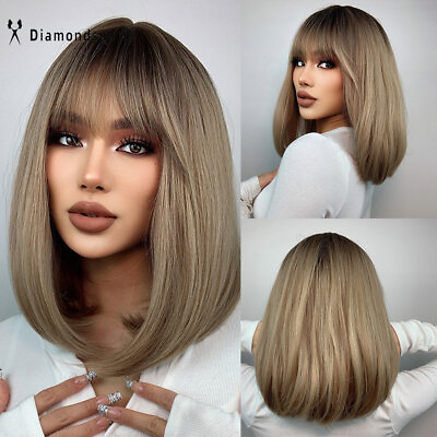 #ad US Long Natural Straight Brown Blonde Hair wigs with bangs for Women Daily Use $18.08
