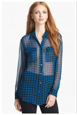 #ad Equipment Femme Blue Signature Houndstooth Shirt Button Up Sheer Long Sleeves S $46.99
