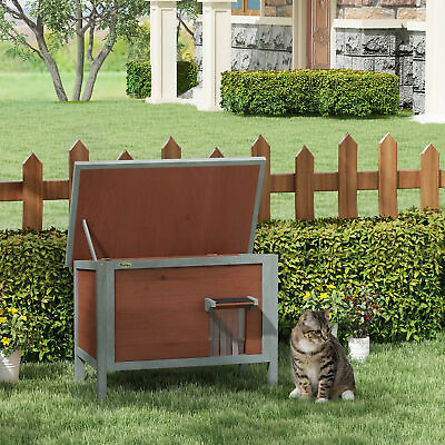 #ad PawHut Outdoor Cat House Wooden Feral Cat House w Removable Floor Brown $76.49