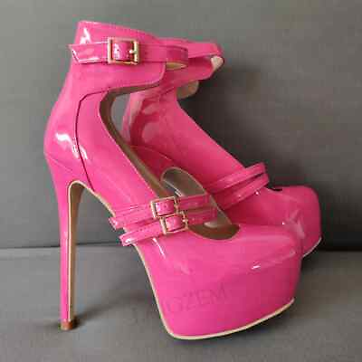 #ad Women Pumps Round Toe Shiny Platform Thin High Heels Sandals Buckle Strap Shoes $57.99