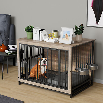 #ad Dog Crate Furniture W Bowls Indoor Dog Kennel Wooden End Table Cage for S M Dog $169.99