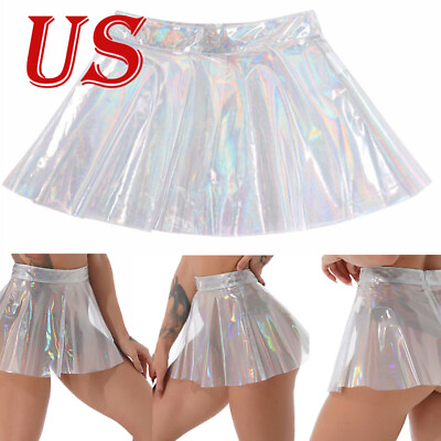 #ad US Sexy Women#x27;s See Through High Waist Flared Skater Mini Skirt Rave Clubwear $7.09
