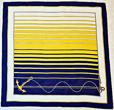 #ad SCARF VINTAGE AUTHENTIC NAUTICAL ART STRIPED ROPES ANCHOR BLUE YELLOW 30quot; SQUARE $12.50