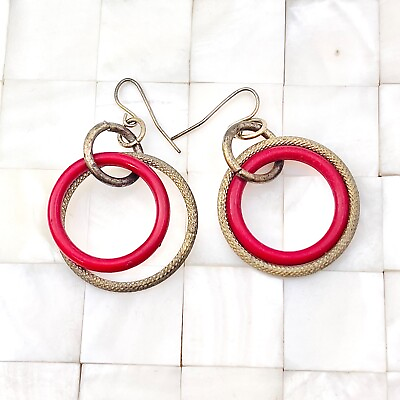 #ad Red amp; Silver Tone Linked Circles Hoops Earrings Tarnished Vintage Strand #9732 $3.74