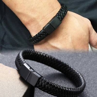 #ad Black Bracelet Men#x27;s Braided Leather Bangle Stainless Steel Cuff Wristband $7.59