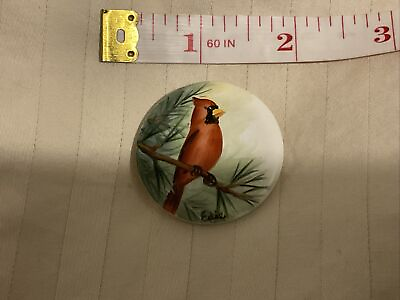 #ad VINTAGE HAND PAINTED ROUND PORCELAIN PIN BROOCH CARDINAL JEWELRY ARTIST SIGNED $25.00