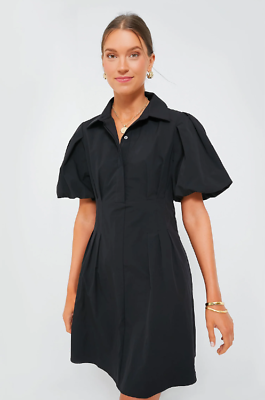 #ad Tuckernuck Black Mini Delaney Puff Sleeve Spread Collar Dress Size L NEW $179.95