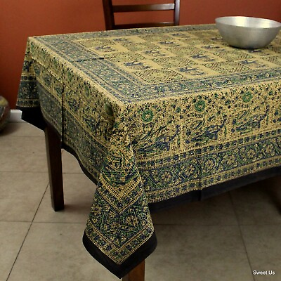 #ad Cotton Block Print Tablecloth Elephant Green Blue Batik Kitchen Dining Linen $47.86