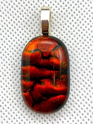 #ad Handmade Orange Red Color Wavy Pattern Fused Dichroic Art Glass Jewelry Pendant $32.00