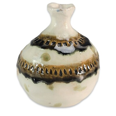 #ad Vintage Studio Art Pottery Modern Vase Drip Glaze Olive Green White $20.00