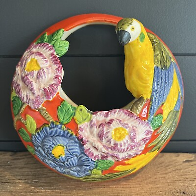 #ad Vintage Ceramic Majolica Parrot Bird Wall Pocket Hanging Vase Planter Japan Art $46.00