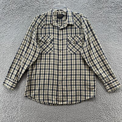 #ad Pendleton Shirt Mens Large Green Tan Plaid Frontier Long Sleeve Western Snap Up $23.03