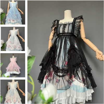 #ad Lolita Girls Cute Summer Mesh Dress Lace Ruffles A line Dress Sheer Princess Bow $57.70