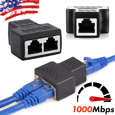 #ad RJ45 Splitter Adapter 1 to 2 Ways Dual Female Port CAT6 5 7 LAN Ethernet Cable $5.79