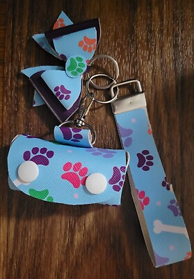 #ad New Dog Poop Bag Holder 3 pc. Set with Bow Wrist Fob Faux leather Paws Leash $15.95