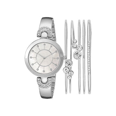 #ad Women#x27;s Silver Toned Metal Watch Stackable Swarovski Crystal Bracelets Gift Set $19.99