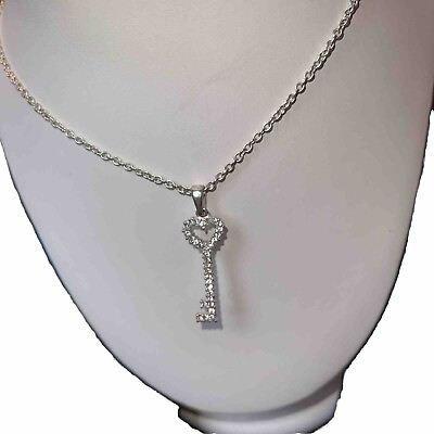 #ad Silver Chain 18” Key Pendant Crystal Rhinestones 3.3” Ext. Lobster Claw Hook $15.00