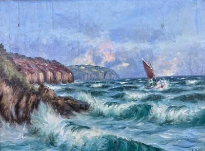 #ad Antique Art Nautical Coastal Landscape Oil Painting Seascape Boat Dutch Signed $276.00