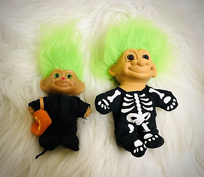 #ad Russ Troll Lot 2 Dolls Halloween Skeleton Trick Or Treat Green Hair Vintage 90s $26.50