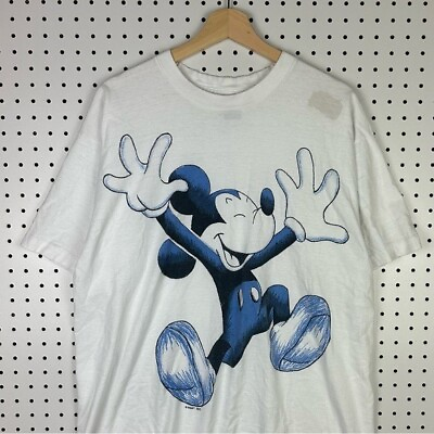 #ad Vintage Mickey Mouse Graphic T Shirt White Blue Monochrome 90s Mickey Size Large $9.89