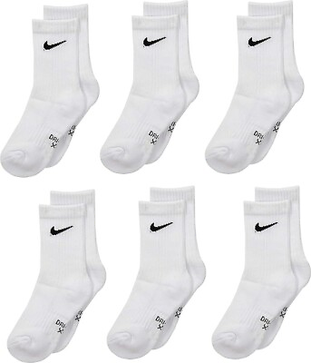 #ad Nike Crew Socks 6 Pack Dri Fit Cotton White Everyday Plus NEW Large Kids 10C 3Y $12.99