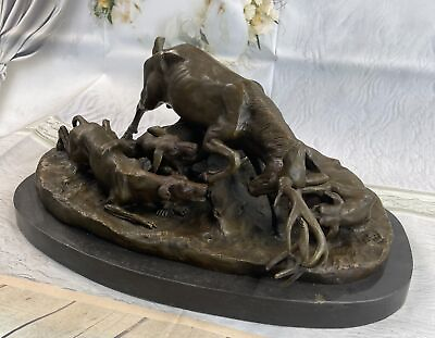 Signed Antoine Barye Male Deer Stag Fight Afghan Dog Dogs Bronze Sculpture Sale $419.65
