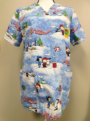 #ad Peanuts I Want A Dog For Christmas Medical Scrub Top Small 2 front pockets $14.99