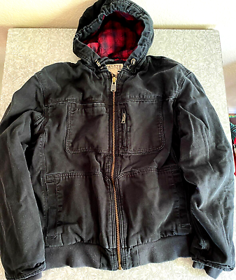 #ad Duluth Trading Co Fire Hose Flannel Lined Heavyweight Hooded Black Work Jacket L $89.00
