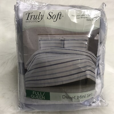 #ad Truly Soft Everyday Full Queen Duvet Mini Set White Blue Striped $38.95