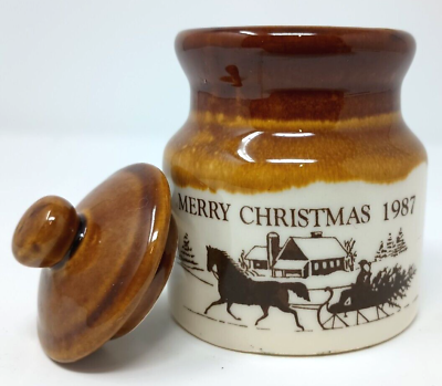 #ad Christmas 1987 Mini Crock With Lid Stoneware Pottery Kitchen Jar Spice Sugar 3.5 $9.79