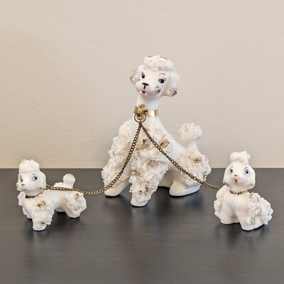 #ad Vintage Lefton White Spaghetti Poodle Family w 2 Puppies on a Chain Gold Japan $50.00