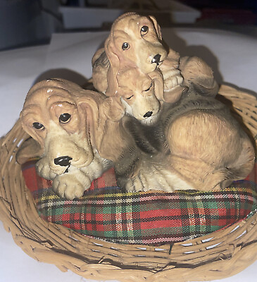 #ad Dog puppies Bassethound in wicker basket Small Figurine $8.22