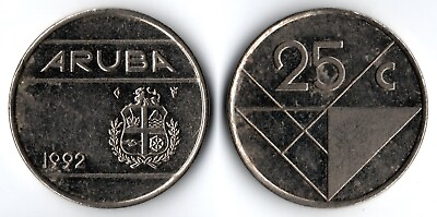 #ad Aruba 1992 25 Cents KM# 3 Plated Coat of Arms Lion Aloe Hooiberg Hands Cogwheel $1.49