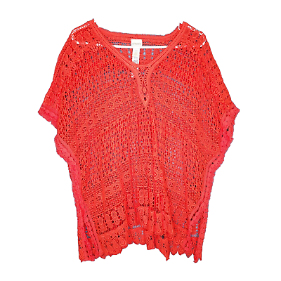 #ad Chicos Top Womens One Size Orange Cover Up Blouse Lace Crochet Open Knit $16.93