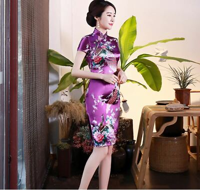 #ad New Luxurious Purple Satin Phoenix Chinese Short Dress Cheongsam Qipao lcdress78 GBP 12.99