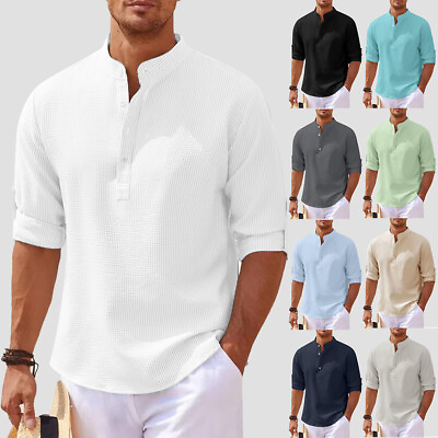 #ad Mens V Neck Shirts Ribbed Solid Long Sleeve Casual Tops Pullover T Shirt Blouse $22.07