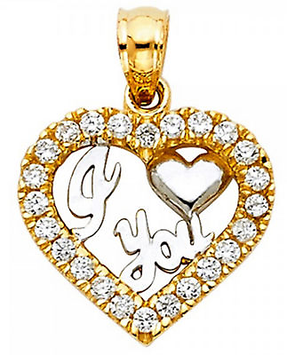 #ad 14k Two Gold Charm Open Heart Round Simulated Cubic Zirconia I Love You Pendant $79.99