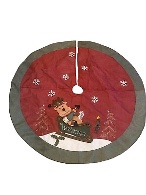 #ad Christmas Tree Skirt Whimsical Skiing Reindeer Green Backing Large 48quot; Across $19.99