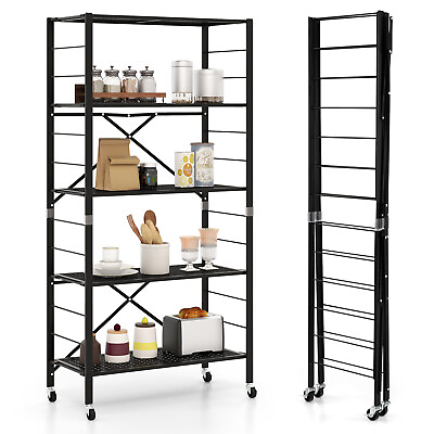 #ad 5 Tier Foldable Storage Shelves Adjustable Collapsible Organizer Rack w Wheels $94.99