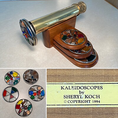 #ad Vintage 1994 SHERYL KOCH Large 12 in. Brass Wood Stand 5 Glass Ring Kaleidoscope $349.99