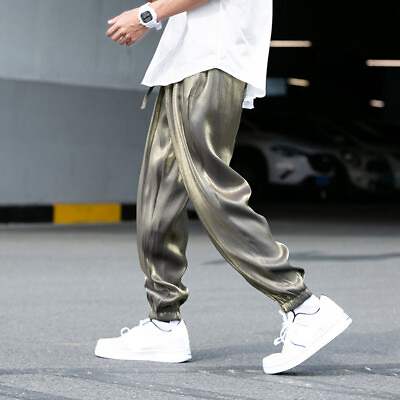 #ad Unisex Men Women Ice Silk Shiny Jogger Pants Trousers Loose Thin Breathable Soft $47.49